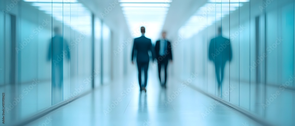 Poster blurred silhouettes of busy business professionals in motion walking quickly through a contemporary 