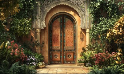 Fototapeta premium Ornate door framed by lush greenery and ornate arch.
