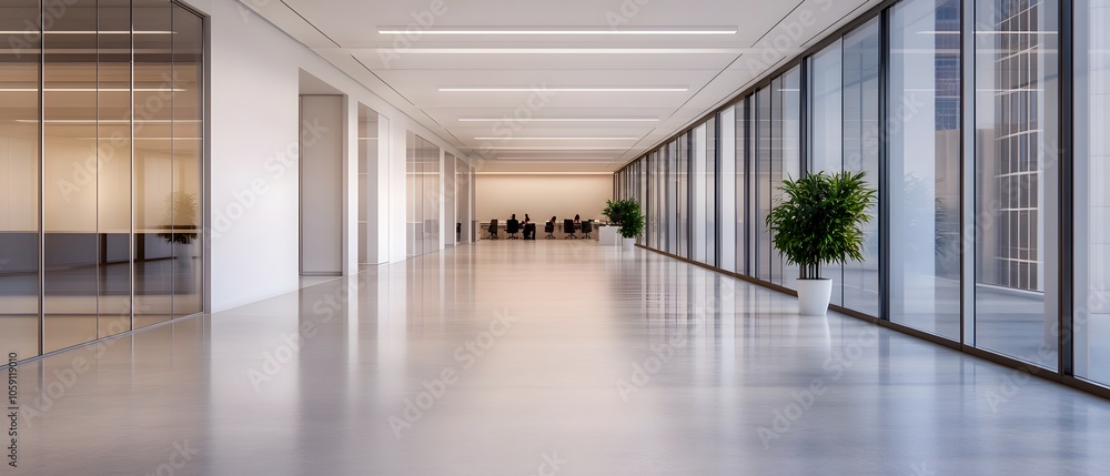 Poster blurred image of a fast moving business crowd in an office corridor with glass fronts creating a sen