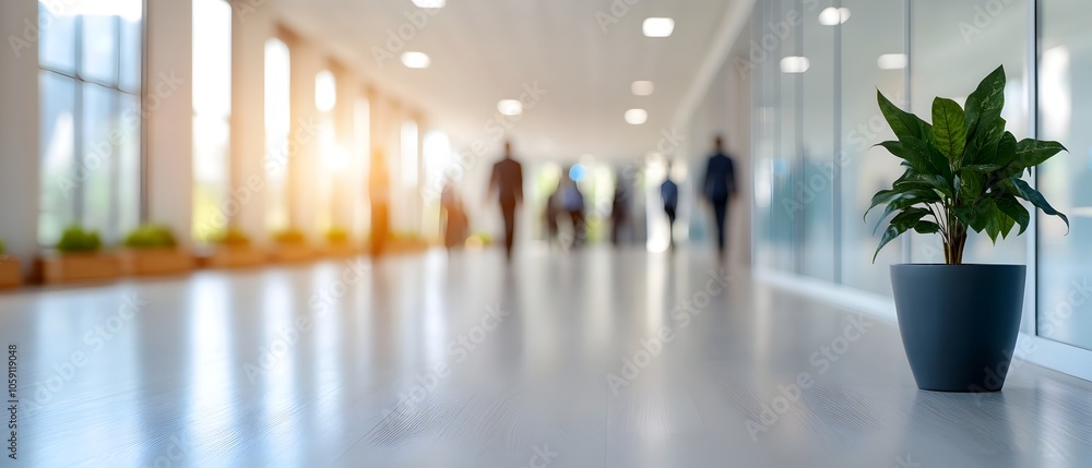 Poster blurred motion of fast moving business crowd in an office with glass fronts creating a sense of corp