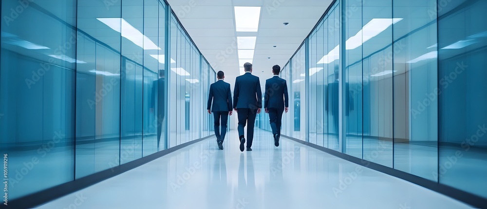 Poster blurred wide angle view of business professionals walking through a modern glass walled office corri