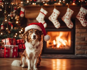 Adorable Dog in Santa Hat by Cozy Christmas Fireplace with Decorated Tree