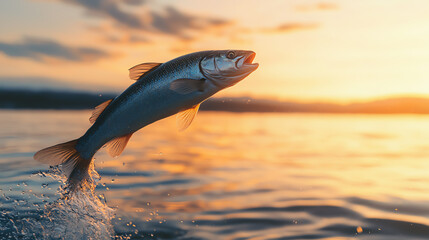 Fototapeta premium Close-up of a fish leaping from the water at sunset, splashes and ripples captured in sharp detail, vibrant lighting illuminating the scene, dynamic action with natural beauty