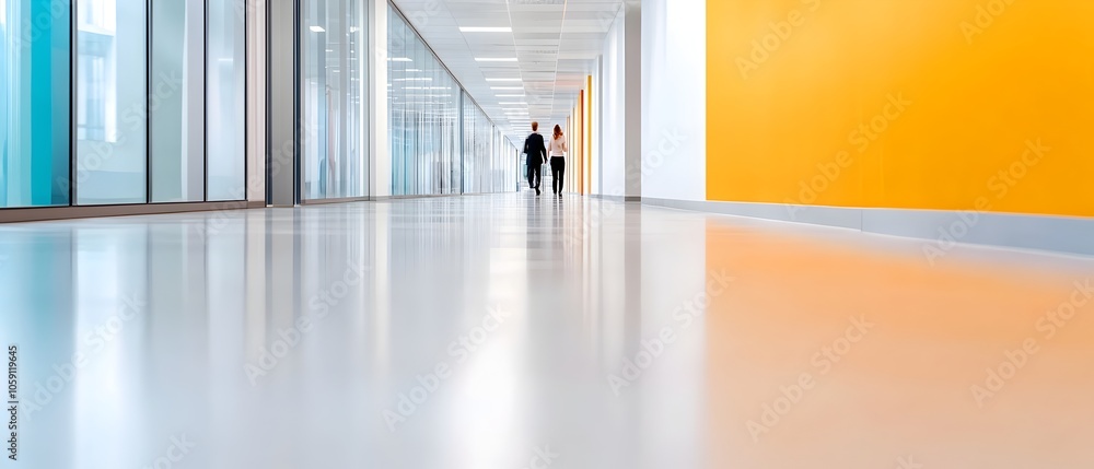 Poster blurred image of business professionals in motion walking through a sleek and vibrant modern office 