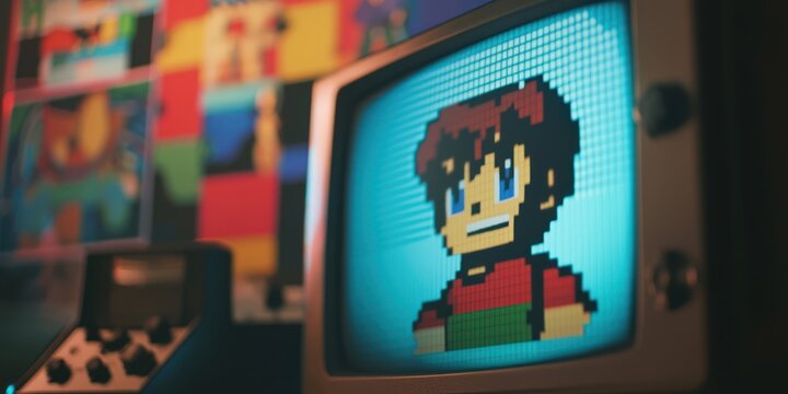A close-up of a pixel art character from a retro video game, displayed on a CRT monitor with scan lines and a nostalgic color palette - Powered by Adobe
