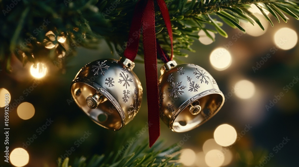 Poster two gold bells with snowflake patterns hang from a christmas tree with a red ribbon. the background 