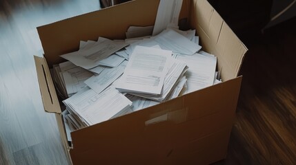A cardboard box filled with disorganized papers and documents, suggesting clutter or the need for organization.