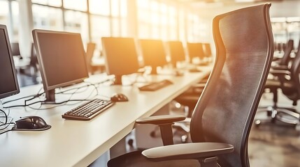 Office Work Space with Computers and Chair Blank Background with Copy Space for Design Projects