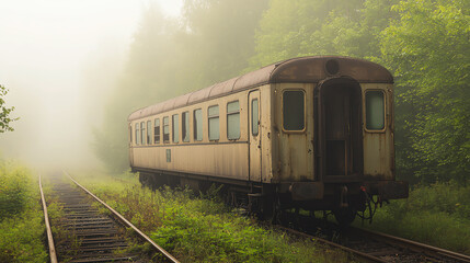 Obraz premium Abandoned train carriage in a foggy forest, overgrown tracks, hazy light filtering through trees, nostalgic and moody, medium shot with a dreamy depth of field.