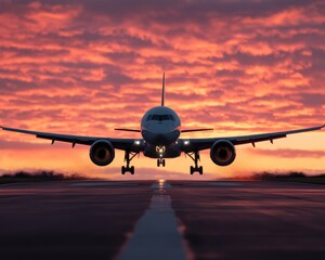 Obraz premium Plane Taking Off at Sunset with Reflection