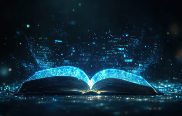 Open magic book releasing glowing digital data and information in a dark background
