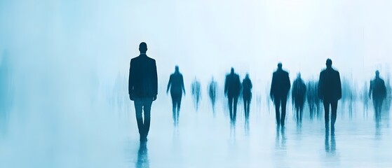 Blurred silhouetted figures of a diverse business crowd moving quickly through a modern glass enclosed corporate office environment with a sense of fast paced energy and urgency