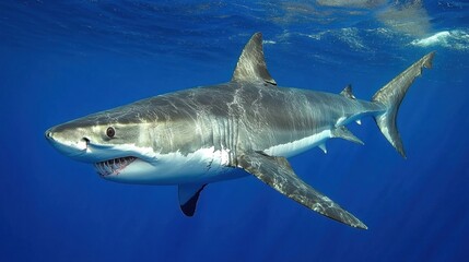 Fototapeta premium Majestic Great White Shark in Deep Blue Ocean