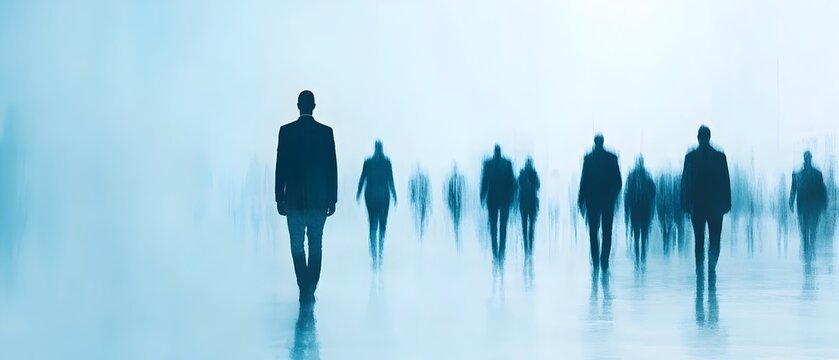 Blurred silhouetted figures of a diverse business crowd moving quickly through a modern glass enclosed corporate office environment with a sense of fast paced energy and urgency