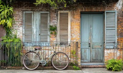 Old weathered brick building with bicycle.