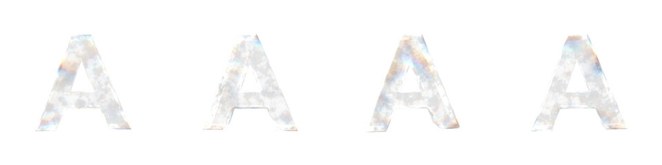 Set of 4 3d letter A with glass distortion and frosted effects isolated on a transparent background. 3d transparent elements for graphic design.