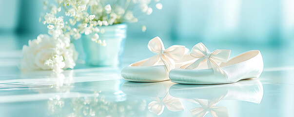 Ivory satin ballet slippers tied in delicate bows on a reflective surface, ethereal lighting...