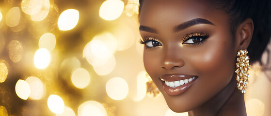 portrait of an astonishing african american young woman in full glossy make-up isolated over golden background; bokeh effect