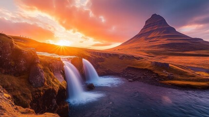 Naklejka premium Sunset over Kirkjufell Mountain