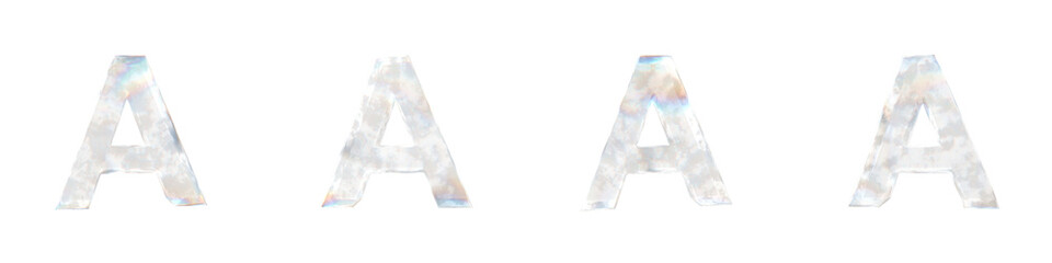 Set of 4 3d letter A with glass distortion and frosted effects isolated on a transparent background. 3d transparent elements for graphic design.