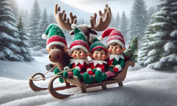 Weihnachts - Elfen auf einem Schliten im verschneiten Wald