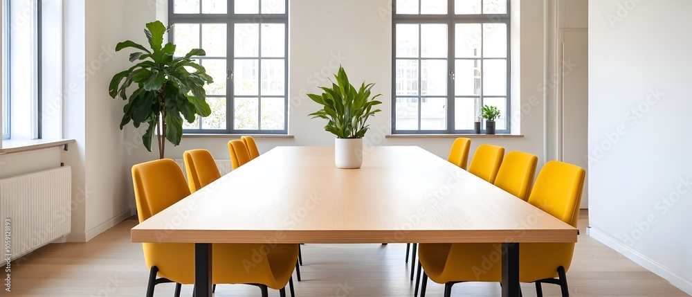 Poster blurred view of professionals gathered around a minimalist office table for a meeting or discussion 