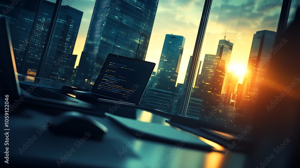 Poster laptop with code on a desk with a city view simple neutral background with free space for design