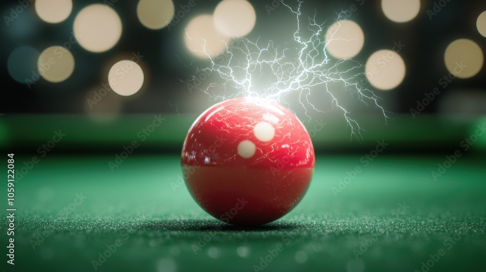 Poster red pool ball with lightning effect on green table