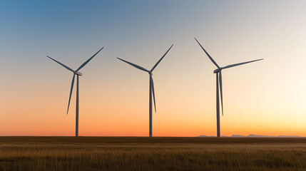 Three wind turbines silhouetted against a glowing sunset, gentle evening light casting long shadows on a grassy plain, captured from a low-angle wide shot.
