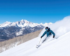 Skier Carving Down Snowy Mountain Slope