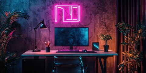A creative workspace featuring neon art and glowing accessories against a dark backdrop 