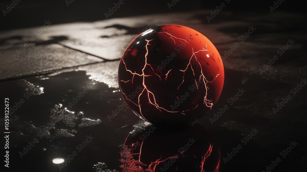 Poster luminous sphere with electric patterns on wet surface
