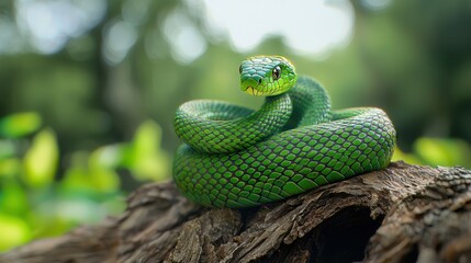 Fototapeta premium Close-up of a vibrant green snake coiled on a textured log, showcasing its striking scales and keen eyes.