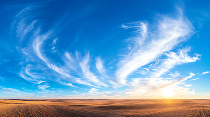 Expansive aerial view of clouds over a patchwork landscape, bright blue sky with wispy white clouds stretching into the horizon, wide-angle shot, vibrant daylight.