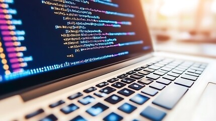 Laptop with code on screen Smooth Blue Background with Copy Space for Advertisements