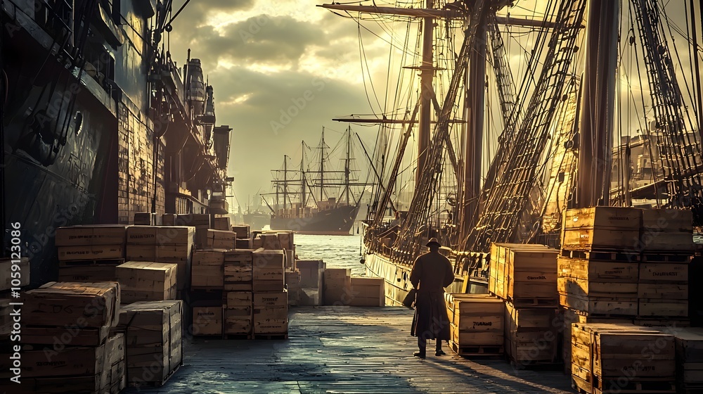 Aufkleber merchant overseeing bustling dock loading crates onto ships for export to distant lands