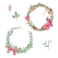Watercolor Christmas wreath set with winter greenery