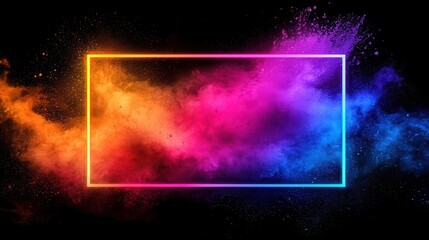 A vibrant explosion of colorful smoke and dust in shades of purple, blue, and orange, framed in a glowing rectangle.