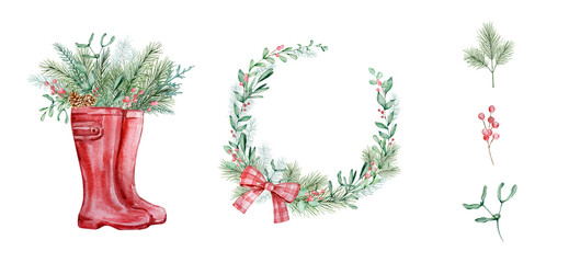 Watercolor Christmas compositions set with winter greenery