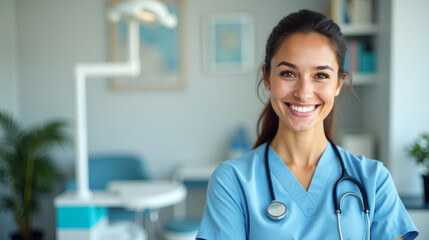 Female doctor or nurse wearing medical uniform and stethoscope in a bright and modern clinic. Smiling young healthcare professional in medical Office.