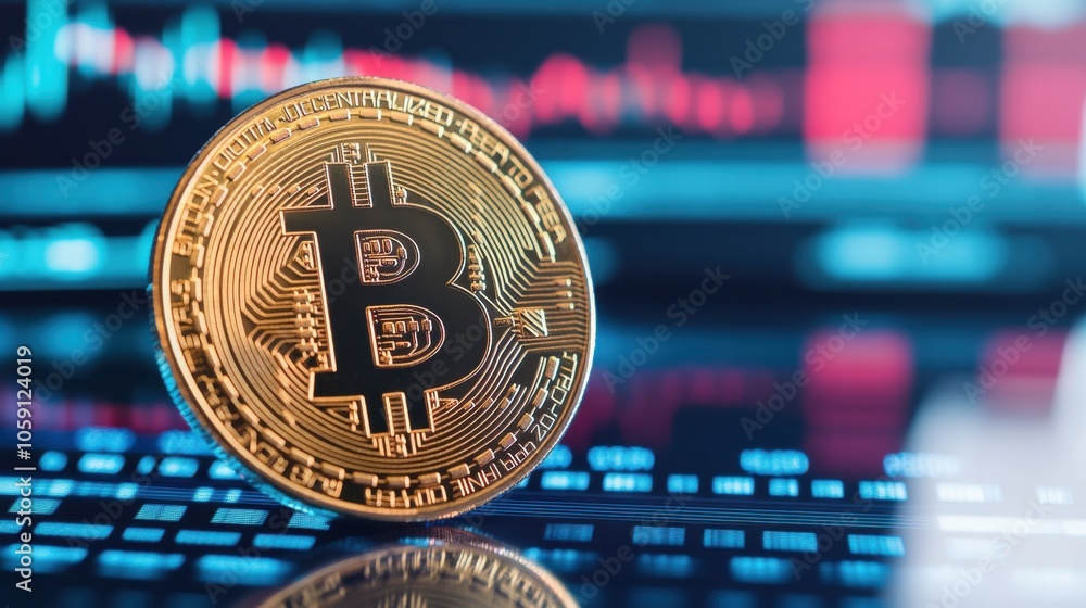 Poster bitcoin concept with exchange data on monitor