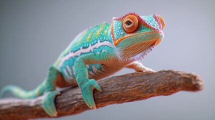 Fototapeta premium A vibrant chameleon perched on a branch, showcasing its colorful scales in stunning detail against a soft background.