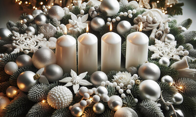 Fototapeta premium Festliche Weihnachtsszene / Adventsszene mit Kerzen, Tannenzweigen, Tannenzapfen, Goldkugeln