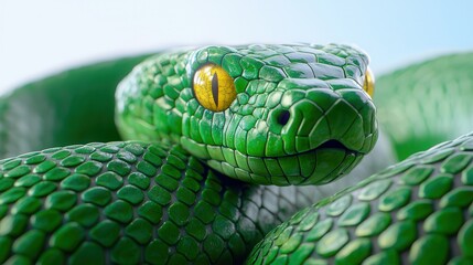 Fototapeta premium A close-up of a vibrant green snake with striking yellow eyes, showcasing its intricate scale patterns.