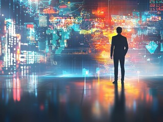 Business Leader Visualizing Future Growth and Innovation Through Holographic Technology