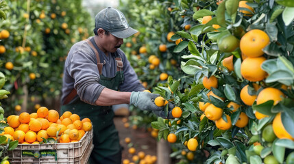 Latin farmer harvesting oranges in orchard wearing gloves and apron