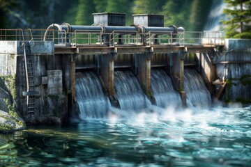Industrial Dam. A large dam with cascading water, surrounded by green forest and rocky mountains.