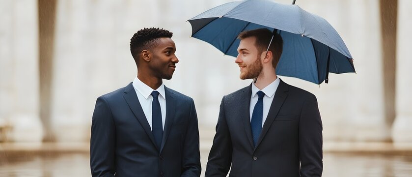 Two well dressed business professionals standing together and sharing an umbrella as they exit an office building on a rainy day symbolizing and teamwork in the corporate world