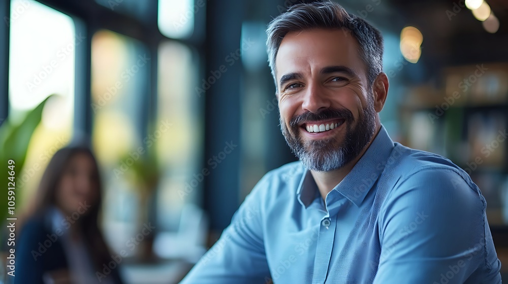 Poster smiling businessman subtle blur background with space for custom text