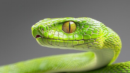 Close-up of a vibrant green snake showcasing its textured scales and striking amber eyes.